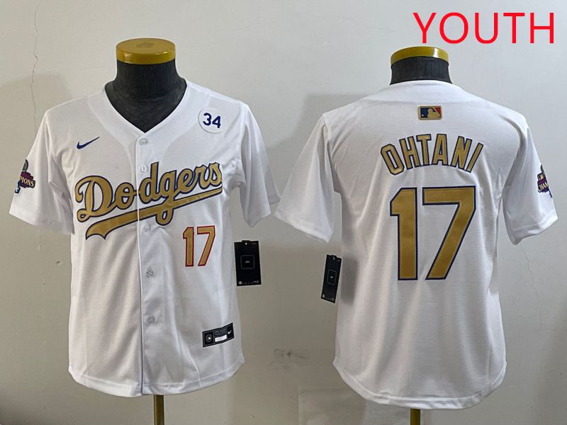 Youth Los Angeles Dodgers #17 Ohtani White Champion gold character 2025 Nike MLB Jersey style 3